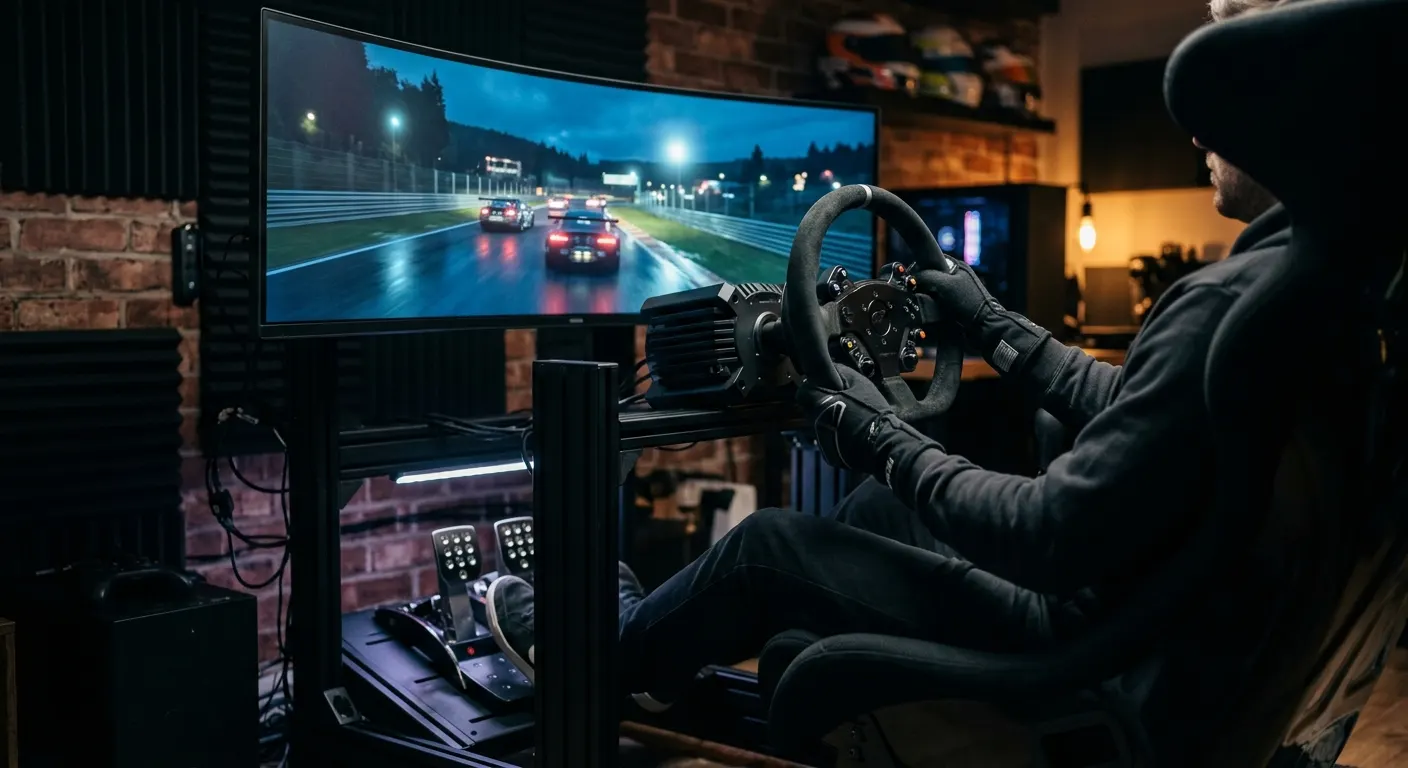 Sim racing wheel and pedal set mounted on a cockpit rig